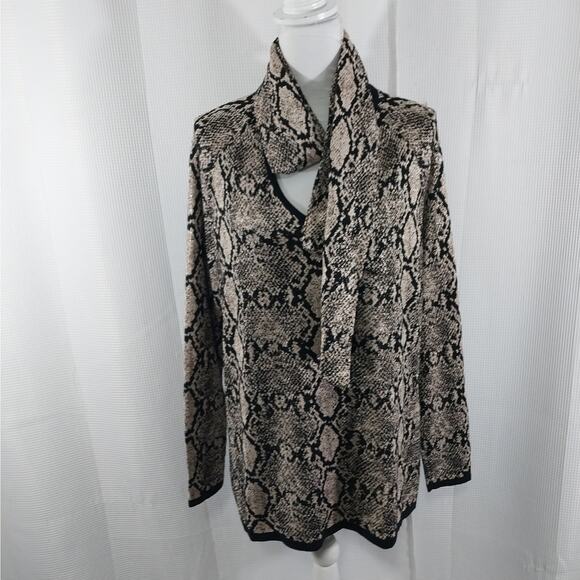 NWOT! CHICO'S! RICH BLACK & GOLD METALLIC SNAKESKIN KNIT NECKTIE SWEATER! SZ L - Picture 7 of 11